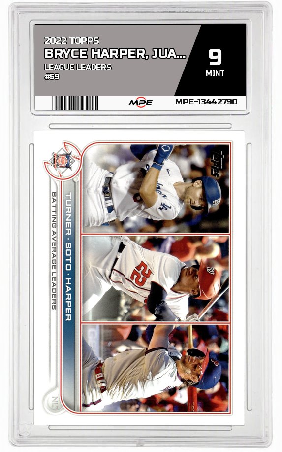 2022 TOPPS LEAGUE LEADERS #59 BRYCE HARPER, JUAN SOTO, TREA TURNER MPE 9 MINT — graded card auctioned from the MPE vault
