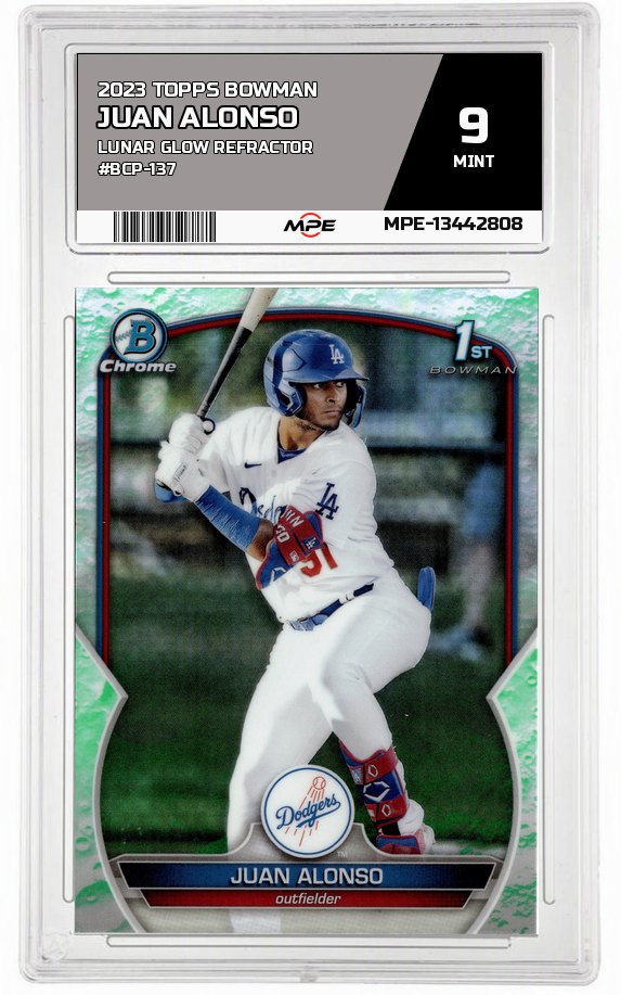 2023 TOPPS BOWMAN LUNAR GLOW REFRACTOR #BCP-137 JUAN ALONSO MPE 9 MINT — graded card up for auction