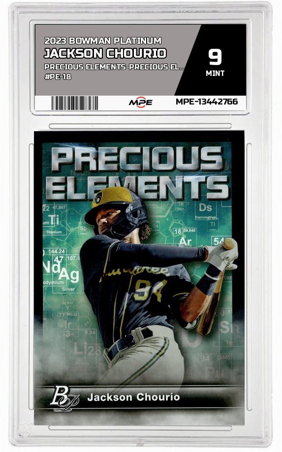 2023 BOWMAN PLATINUM PRECIOUS ELEMENTS-Precious Elements #PE-18 JACKSON CHOURIO MPE 9 MINT — graded card auctioned from the MPE vault