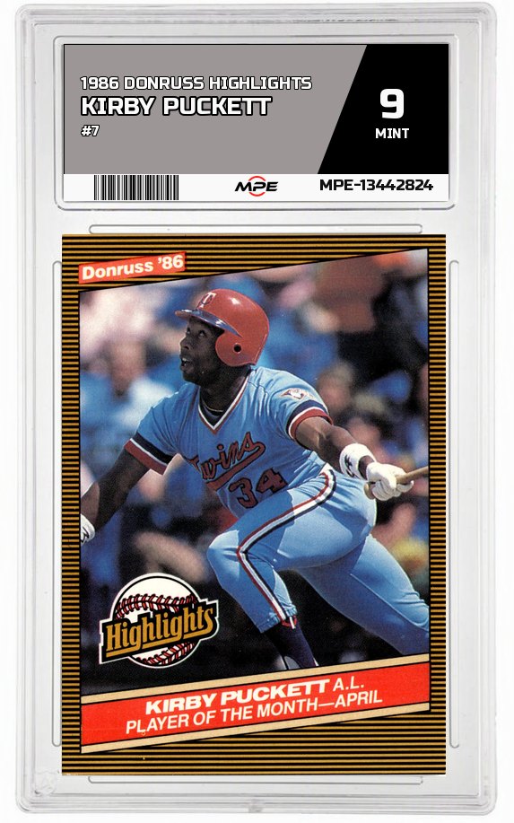 1986 DONRUSS HIGHLIGHTS #7 KIRBY PUCKETT MPE 9 MINT — graded card auctioned from the MPE vault