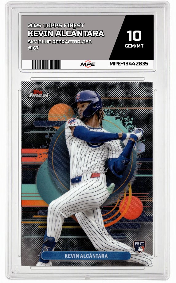2025 TOPPS FINEST SKY BLUE REFRACTOR /150 #167 KEVIN ALCÁNTARA MPE 10 GEM/MT — graded card auctioned from the MPE vault