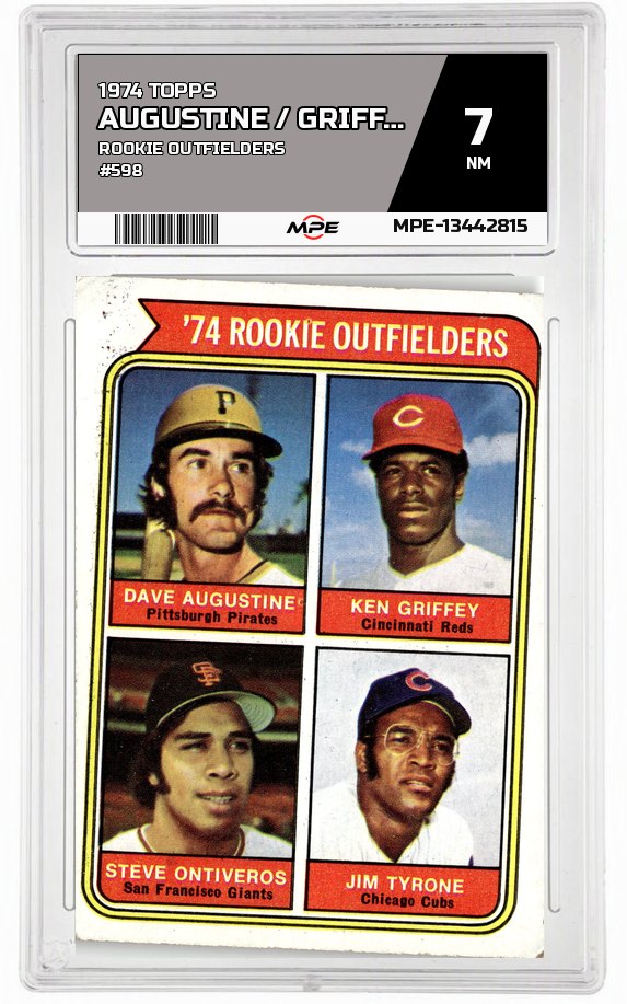 1974 TOPPS ROOKIE OUTFIELDERS #598 AUGUSTINE / GRIFFEY / ONTIVEROS / TYRONE MPE 7 NM — graded card up for auction