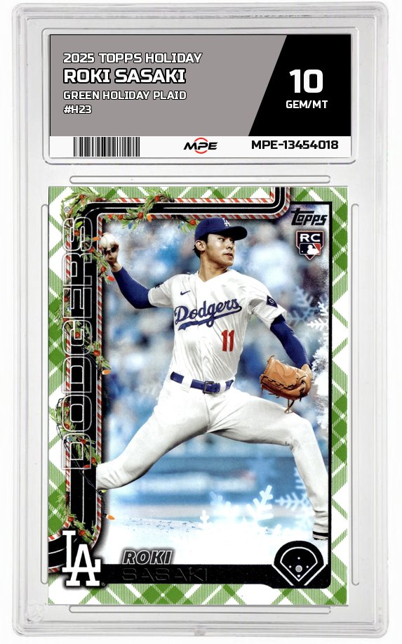 2025 TOPPS HOLIDAY Green Holiday Plaid #H23 ROKI SASAKI MPE 10 GEM/MT — graded card auctioned from the MPE vault