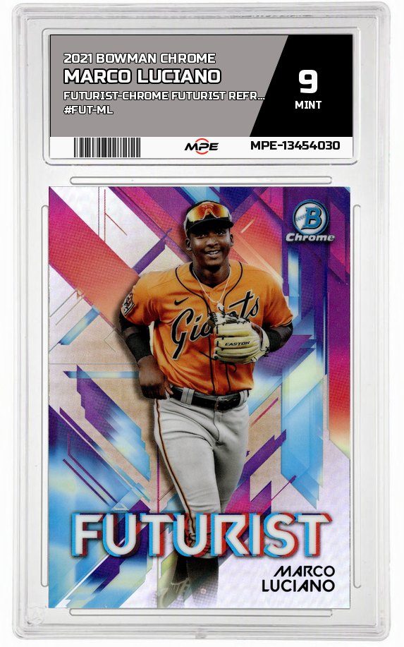 2021 BOWMAN CHROME FUTURIST-Chrome Futurist Refractor #FUT-ML MARCO LUCIANO MPE 9 MINT — graded card auctioned from the MPE vault