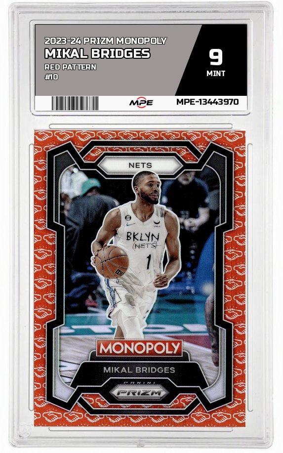 2023-24 PRIZM MONOPOLY RED PATTERN #10 MIKAL BRIDGES MPE 9 MINT — graded card auctioned from the MPE vault