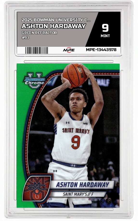 2025 BOWMAN UNIVERSITY CHROME GREEN REFRACTOR #93 ASHTON HARDAWAY MPE 9 MINT — graded card auctioned from the MPE vault