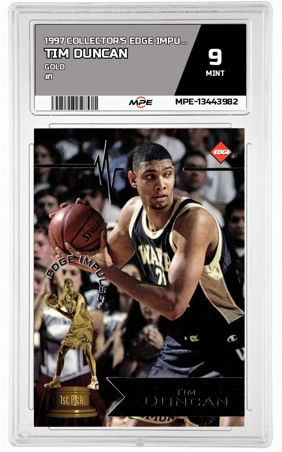 1997 COLLECTOR'S EDGE IMPULSE GOLD #1 TIM DUNCAN MPE 9 MINT — graded card auctioned from the MPE vault