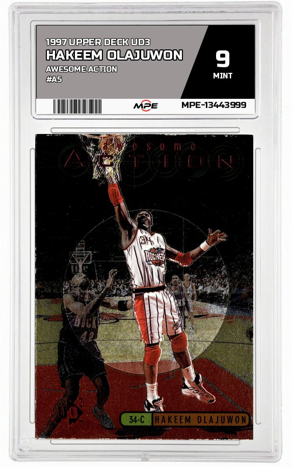 1997 UPPER DECK UD3 AWESOME ACTION #A5 HAKEEM OLAJUWON MPE 9 MINT — graded card auctioned from the MPE vault