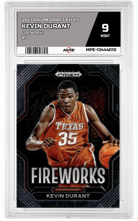 2023 PRIZM DRAFT PICKS FIREWORKS #17 KEVIN DURANT MPE 9 MINT — graded card auctioned from the MPE vault