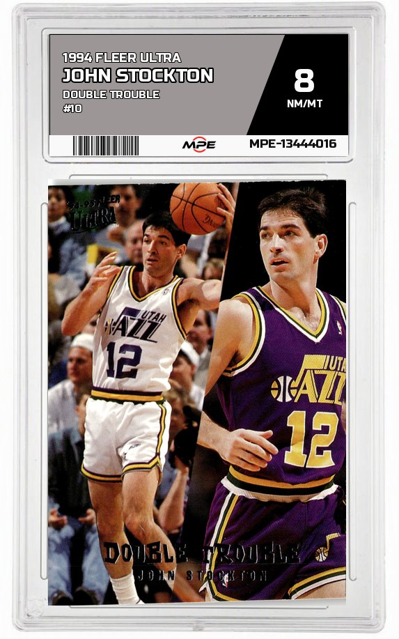 1994 FLEER ULTRA DOUBLE TROUBLE #10 JOHN STOCKTON MPE 8 NM/MT — graded card auctioned from the MPE vault