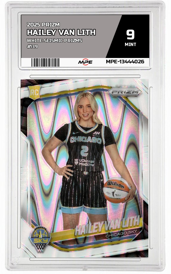 2025 PRIZM White Seismic Prizms #139 HAILEY VAN LITH MPE 9 MINT — graded card auctioned from the MPE vault