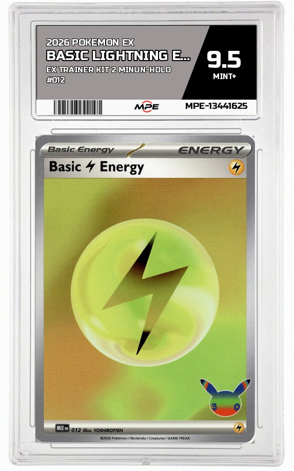 2026 POKEMON EX EX TRAINER KIT 2 MINUN-HOLO #012 BASIC LIGHTNING ENERGY MPE 9.5 MINT+ — graded card auctioned from the MPE vault