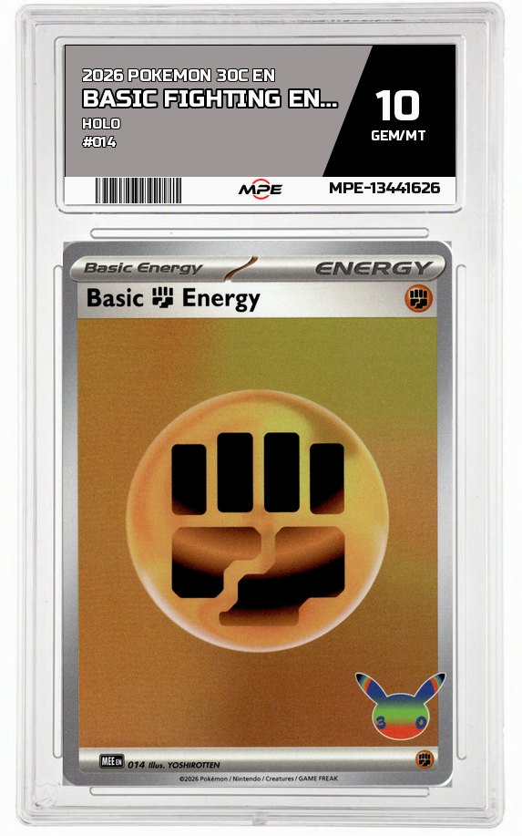 2026 POKEMON 30C EN HOLO #014 BASIC FIGHTING ENERGY MPE 10 GEM/MT — graded card auctioned from the MPE vault