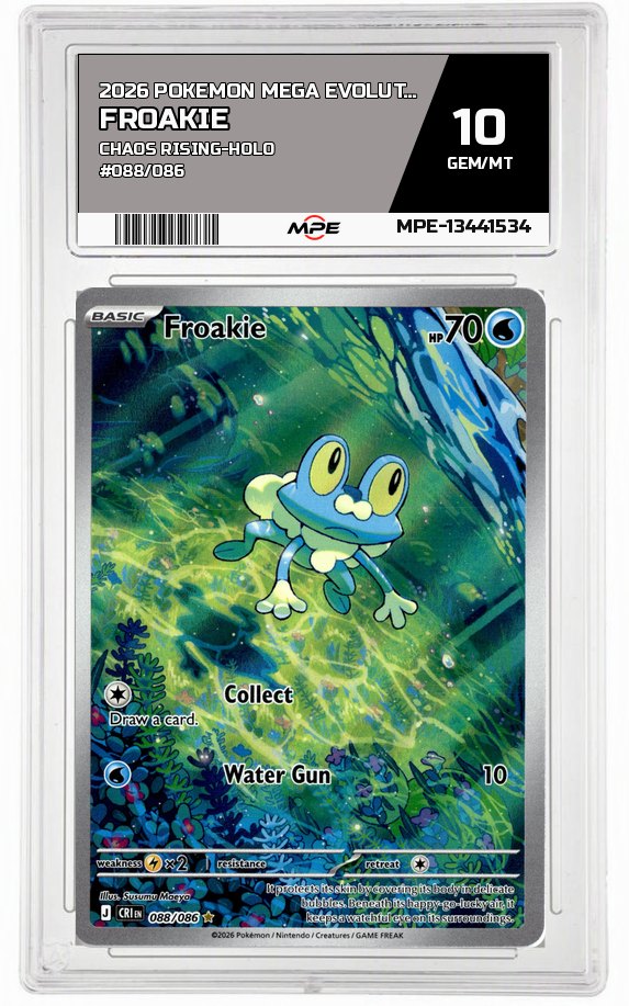 2026 POKEMON MEGA EVOLUTION CHAOS RISING-HOLO #088/086 FROAKIE MPE 10 GEM/MT — graded card auctioned from the MPE vault