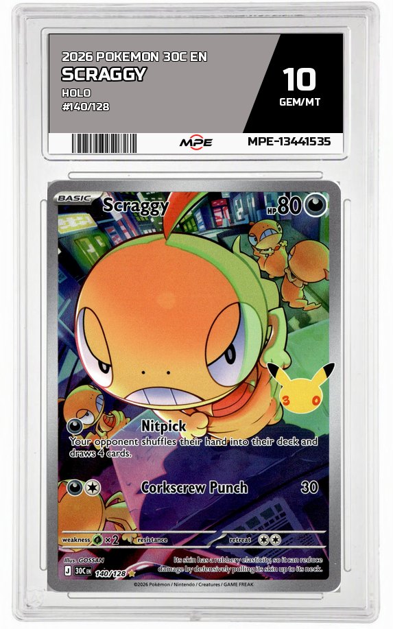 2026 POKEMON 30C EN HOLO #140/128 SCRAGGY MPE 10 GEM/MT — graded card auctioned from the MPE vault