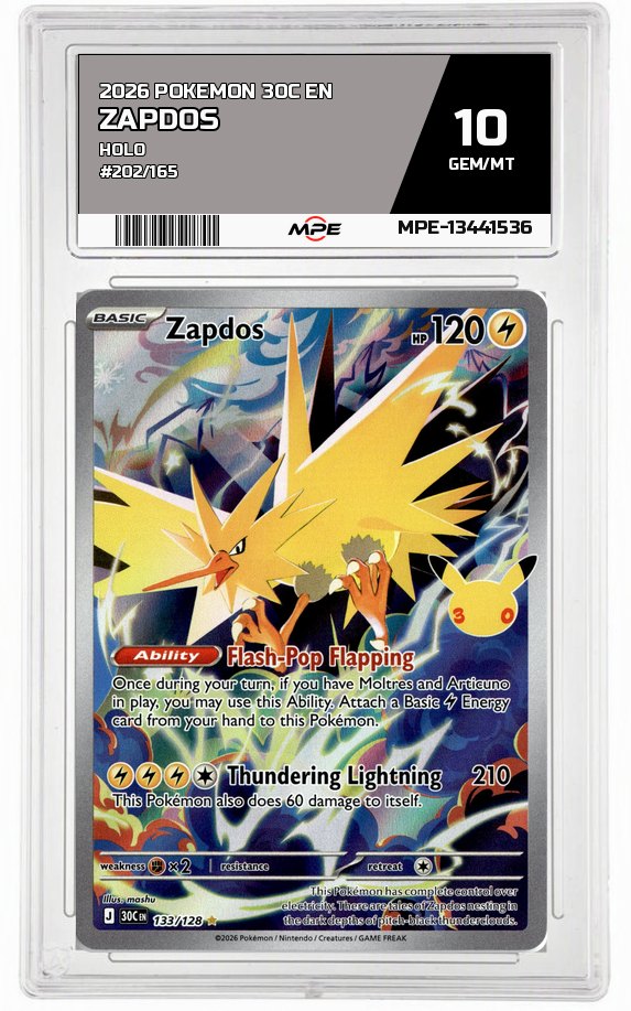 2026 POKEMON 30C EN HOLO #202/165 ZAPDOS MPE 10 GEM/MT — graded card auctioned from the MPE vault