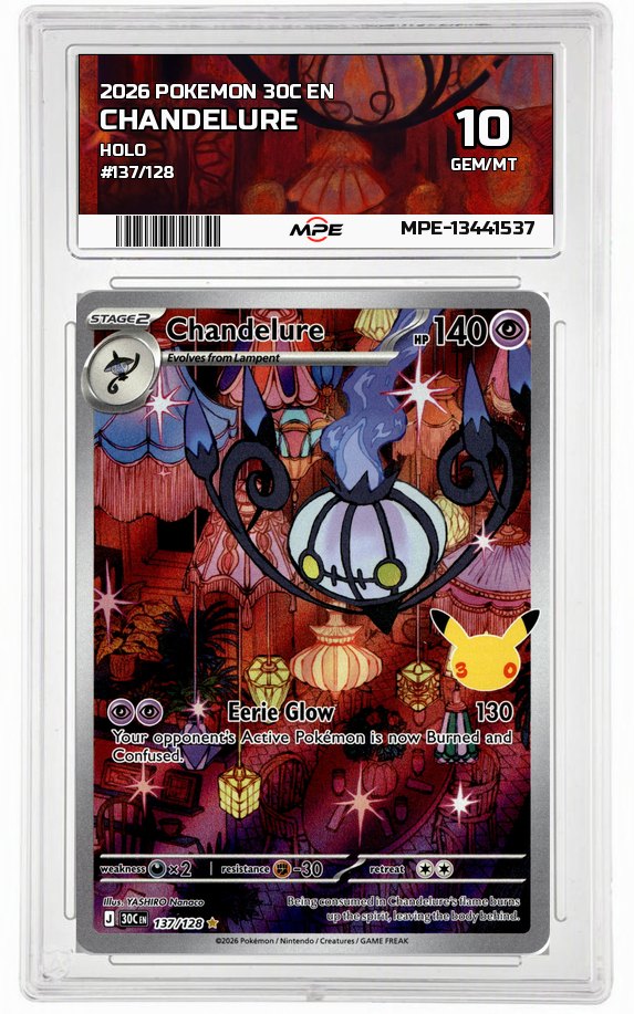 2026 POKEMON 30C EN HOLO #137/128 CHANDELURE MPE 10 GEM/MT — graded card up for auction