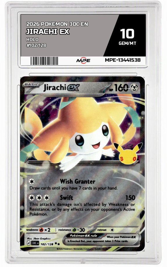 2026 POKEMON 30C EN HOLO #102/128 JIRACHI EX MPE 10 GEM/MT — graded card auctioned from the MPE vault