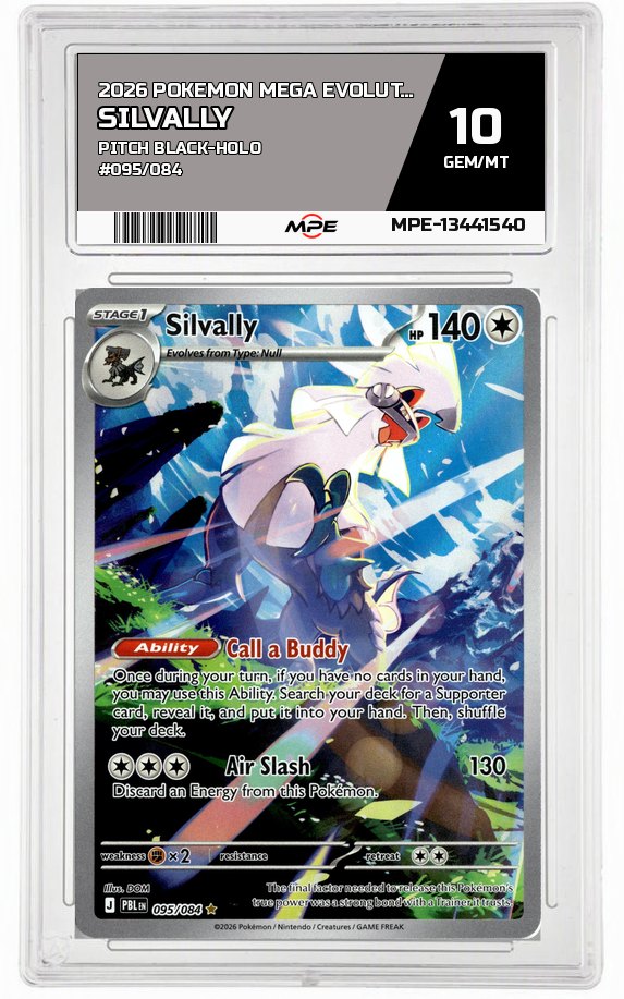 2026 POKEMON MEGA EVOLUTION PITCH BLACK-HOLO #095/084 SILVALLY MPE 10 GEM/MT — graded card auctioned from the MPE vault