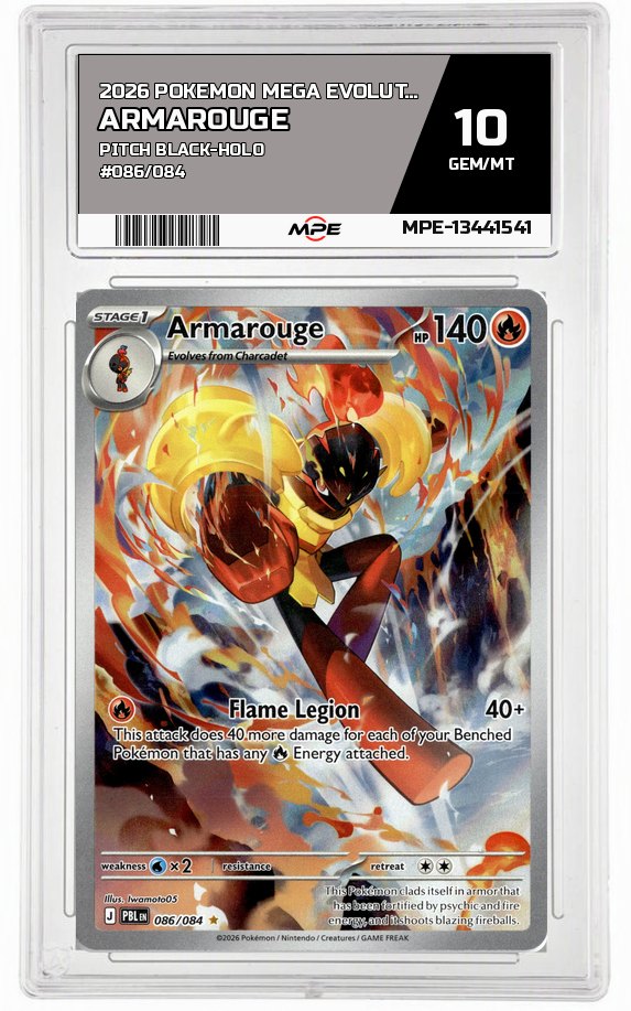 2026 POKEMON MEGA EVOLUTION PITCH BLACK-HOLO #086/084 ARMAROUGE MPE 10 GEM/MT — graded card auctioned from the MPE vault