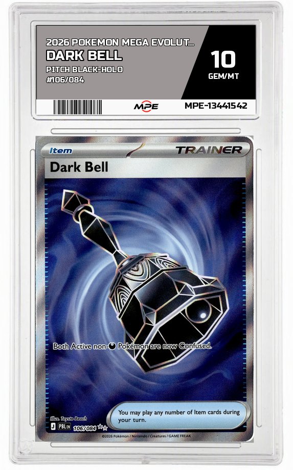 2026 POKEMON MEGA EVOLUTION PITCH BLACK-HOLO #106/084 DARK BELL MPE 10 GEM/MT — graded card auctioned from the MPE vault