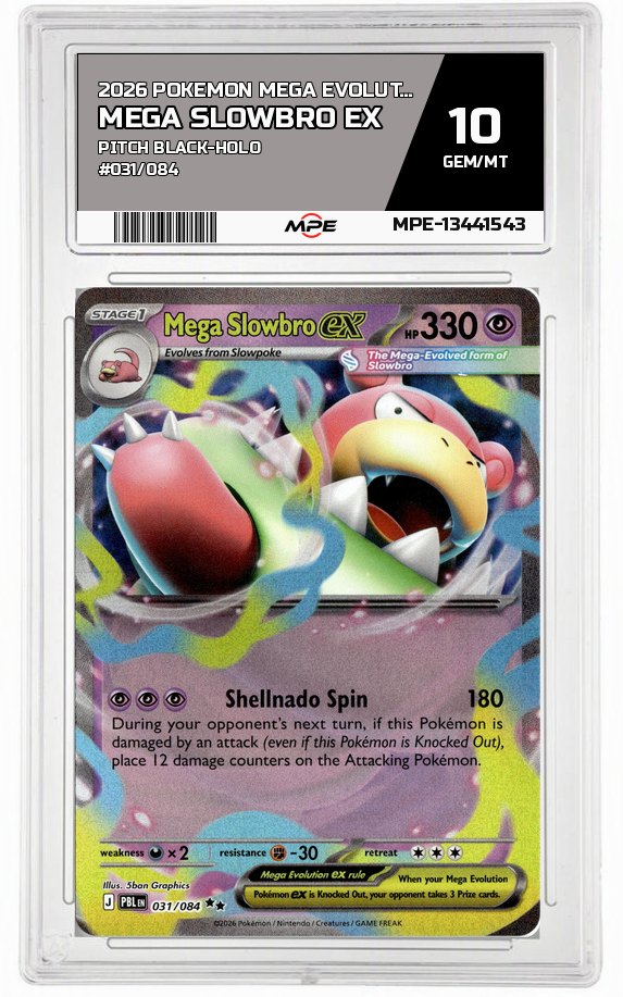 2026 POKEMON MEGA EVOLUTION PITCH BLACK-HOLO #031/084 MEGA SLOWBRO EX MPE 10 GEM/MT — graded card auctioned from the MPE vault