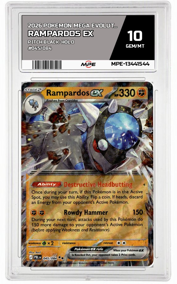 2026 POKEMON MEGA EVOLUTION PITCH BLACK-HOLO #045/084 RAMPARDOS EX MPE 10 GEM/MT — graded card auctioned from the MPE vault