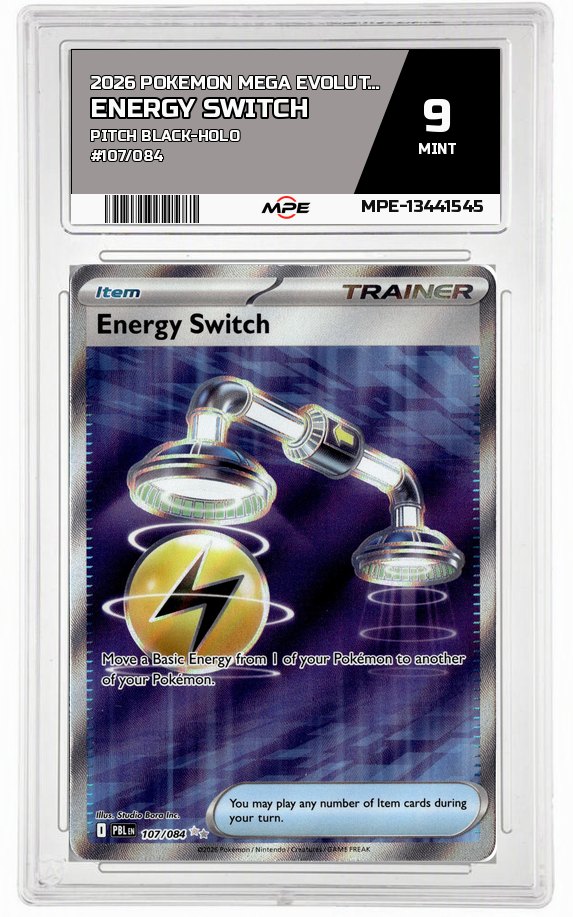 2026 POKEMON MEGA EVOLUTION PITCH BLACK-HOLO #107/084 ENERGY SWITCH MPE 9 MINT — graded card auctioned from the MPE vault