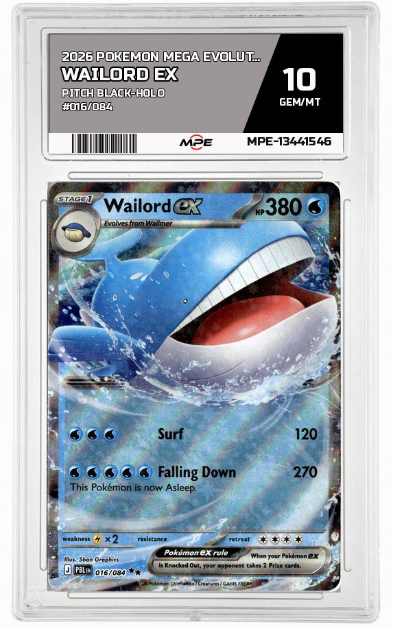 2026 POKEMON MEGA EVOLUTION PITCH BLACK-HOLO #016/084 WAILORD EX MPE 10 GEM/MT — graded card auctioned from the MPE vault