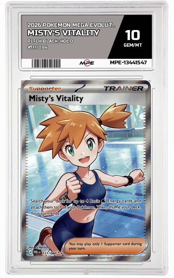2026 POKEMON MEGA EVOLUTION PITCH BLACK-HOLO #111/084 MISTY'S VITALITY MPE 10 GEM/MT — graded card auctioned from the MPE vault