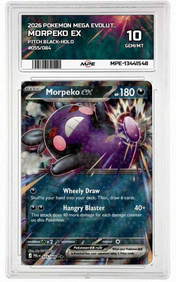 2026 POKEMON MEGA EVOLUTION PITCH BLACK-HOLO #055/084 MORPEKO EX MPE 10 GEM/MT — graded card auctioned from the MPE vault