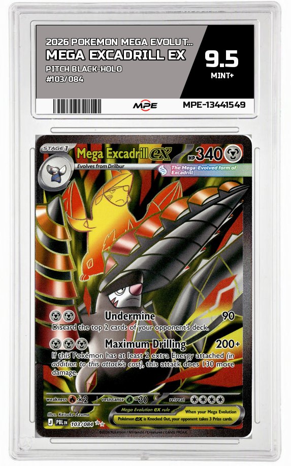 2026 POKEMON MEGA EVOLUTION PITCH BLACK-HOLO #103/084 MEGA EXCADRILL EX MPE 9.5 MINT+ — graded card auctioned from the MPE vault