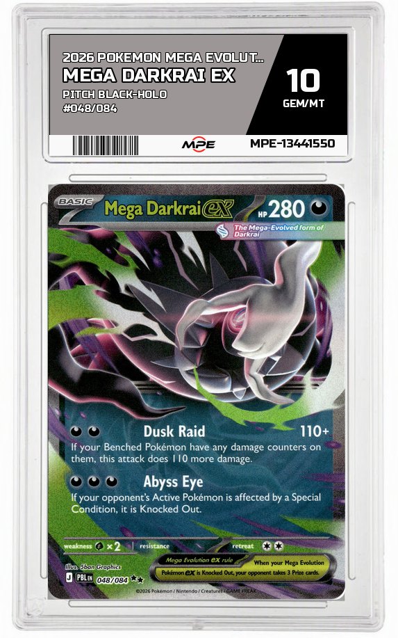 2026 POKEMON MEGA EVOLUTION PITCH BLACK-HOLO #048/084 MEGA DARKRAI EX MPE 10 GEM/MT — graded card auctioned from the MPE vault