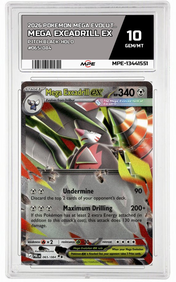 2026 POKEMON MEGA EVOLUTION PITCH BLACK-HOLO #065/084 MEGA EXCADRILL EX MPE 10 GEM/MT — graded card auctioned from the MPE vault