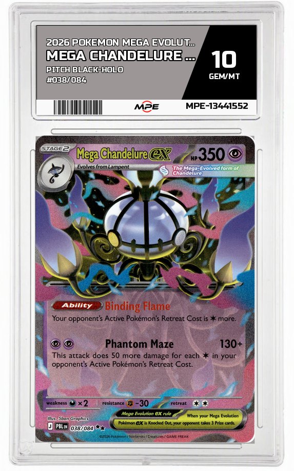 2026 POKEMON MEGA EVOLUTION PITCH BLACK-HOLO #038/084 MEGA CHANDELURE EX MPE 10 GEM/MT — graded card auctioned from the MPE vault