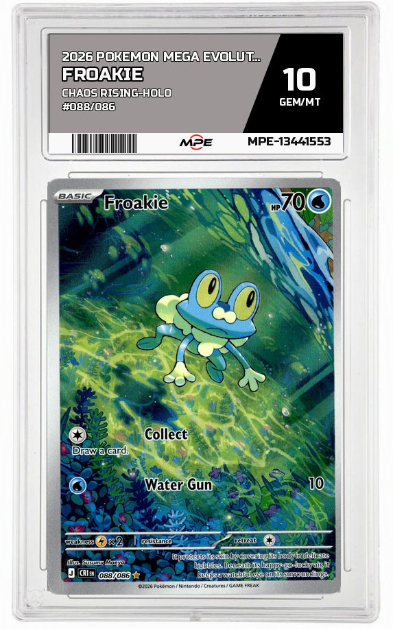 2026 POKEMON MEGA EVOLUTION CHAOS RISING-HOLO #088/086 FROAKIE MPE 10 GEM/MT — graded card auctioned from the MPE vault