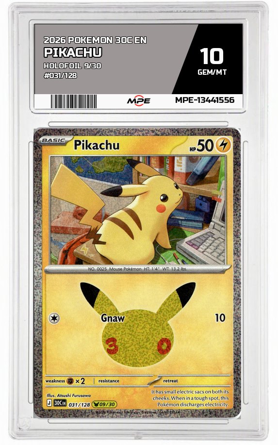2026 POKEMON 30C EN HOLOFOIL 9/30 #031/128 PIKACHU MPE 10 GEM/MT — graded card auctioned from the MPE vault
