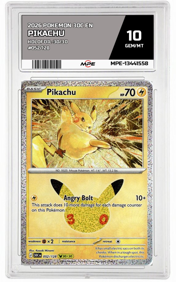 2026 POKEMON 30C EN HOLOFOIL-30/30 #052/128 PIKACHU MPE 10 GEM/MT — graded card auctioned from the MPE vault