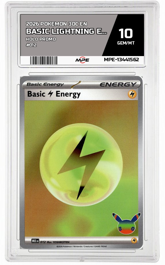2026 POKEMON 30C EN HOLO PROMO #012 BASIC LIGHTNING ENERGY MPE 10 GEM/MT — graded card auctioned from the MPE vault