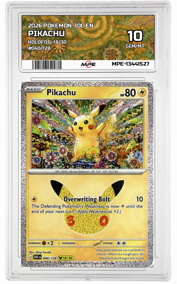 2026 POKEMON 30C EN HOLOFOIL 18/30 #040/128 PIKACHU MPE 10 GEM/MT — graded card up for auction