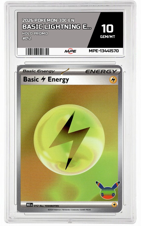2026 POKEMON 30C EN HOLO PROMO #012 BASIC LIGHTNING ENERGY MPE 10 GEM/MT — graded card auctioned from the MPE vault