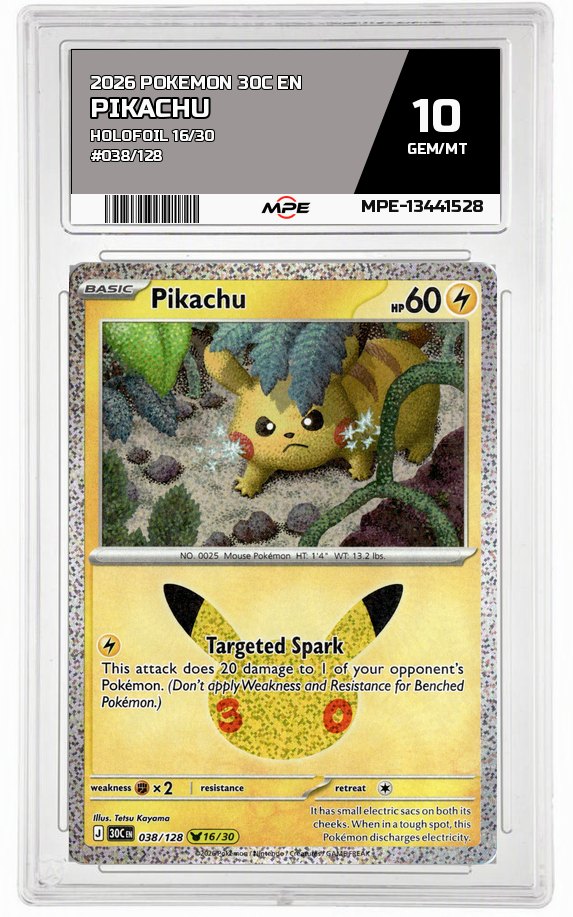 2026 POKEMON 30C EN HOLOFOIL 16/30 #038/128 PIKACHU MPE 10 GEM/MT — graded card auctioned from the MPE vault