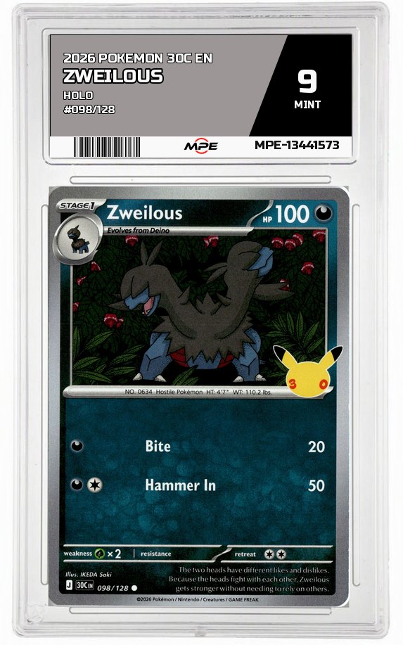 2026 POKEMON 30C EN HOLO #098/128 ZWEILOUS MPE 9 MINT — graded card auctioned from the MPE vault