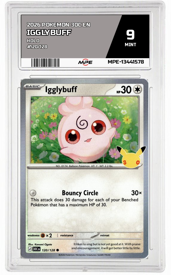 2026 POKEMON 30C EN HOLO #120/128 IGGLYBUFF MPE 9 MINT — graded card auctioned from the MPE vault