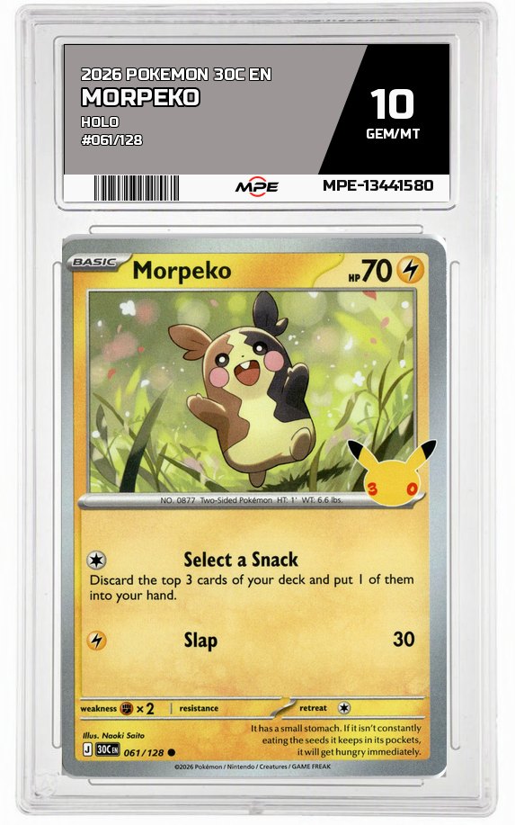 2026 POKEMON 30C EN HOLO #061/128 MORPEKO MPE 10 GEM/MT — graded card auctioned from the MPE vault