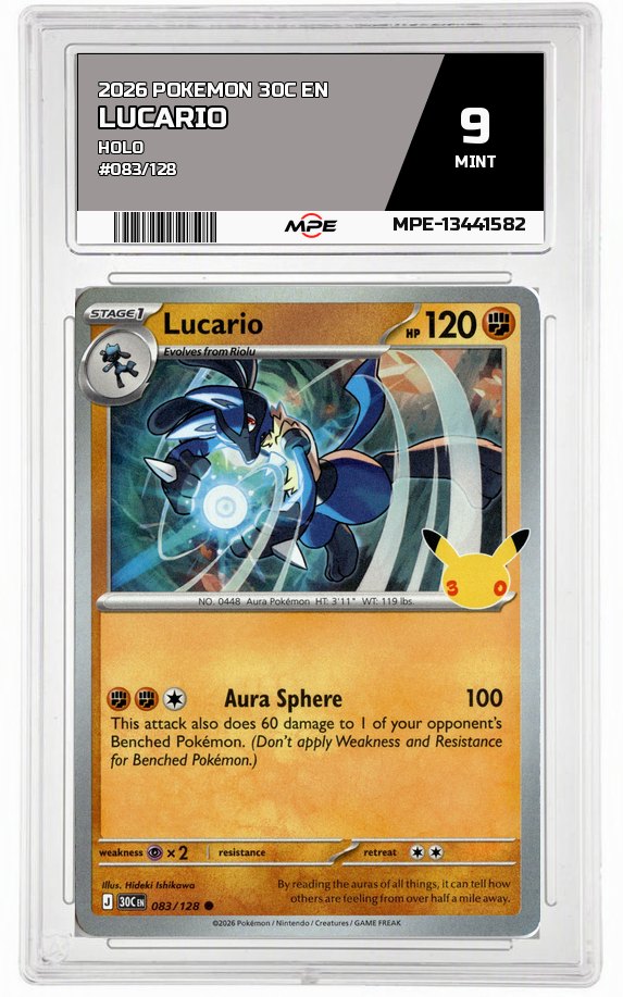2026 POKEMON 30C EN HOLO #083/128 LUCARIO MPE 9 MINT — graded card auctioned from the MPE vault