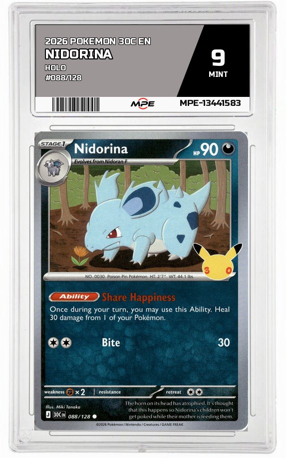 2026 POKEMON 30C EN HOLO #088/128 NIDORINA MPE 9 MINT — graded card auctioned from the MPE vault
