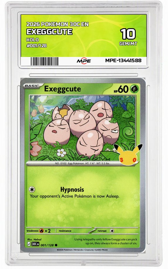 2026 POKEMON 30C EN HOLO #001/128 EXEGGCUTE MPE 10 GEM/MT — graded card auctioned from the MPE vault