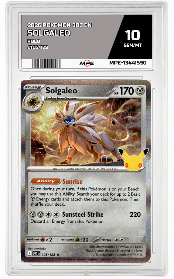 2026 POKEMON 30C EN HOLO #105/128 SOLGALEO MPE 10 GEM/MT — graded card auctioned from the MPE vault