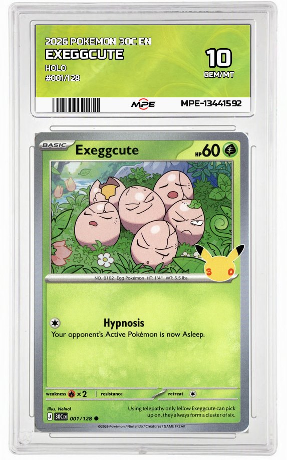 2026 POKEMON 30C EN HOLO #001/128 EXEGGCUTE MPE 10 GEM/MT — graded card up for auction